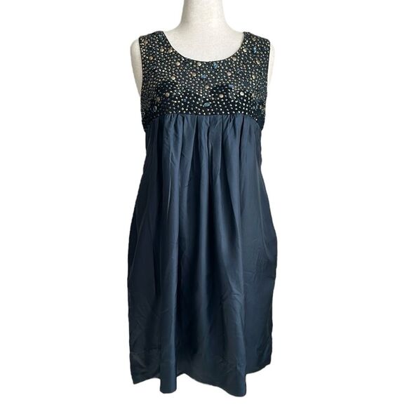 NWT Gold Hawk Women’s 100% Silk Hand Embellished Babydoll Regency Dress Blue L - Picture 1 of 11